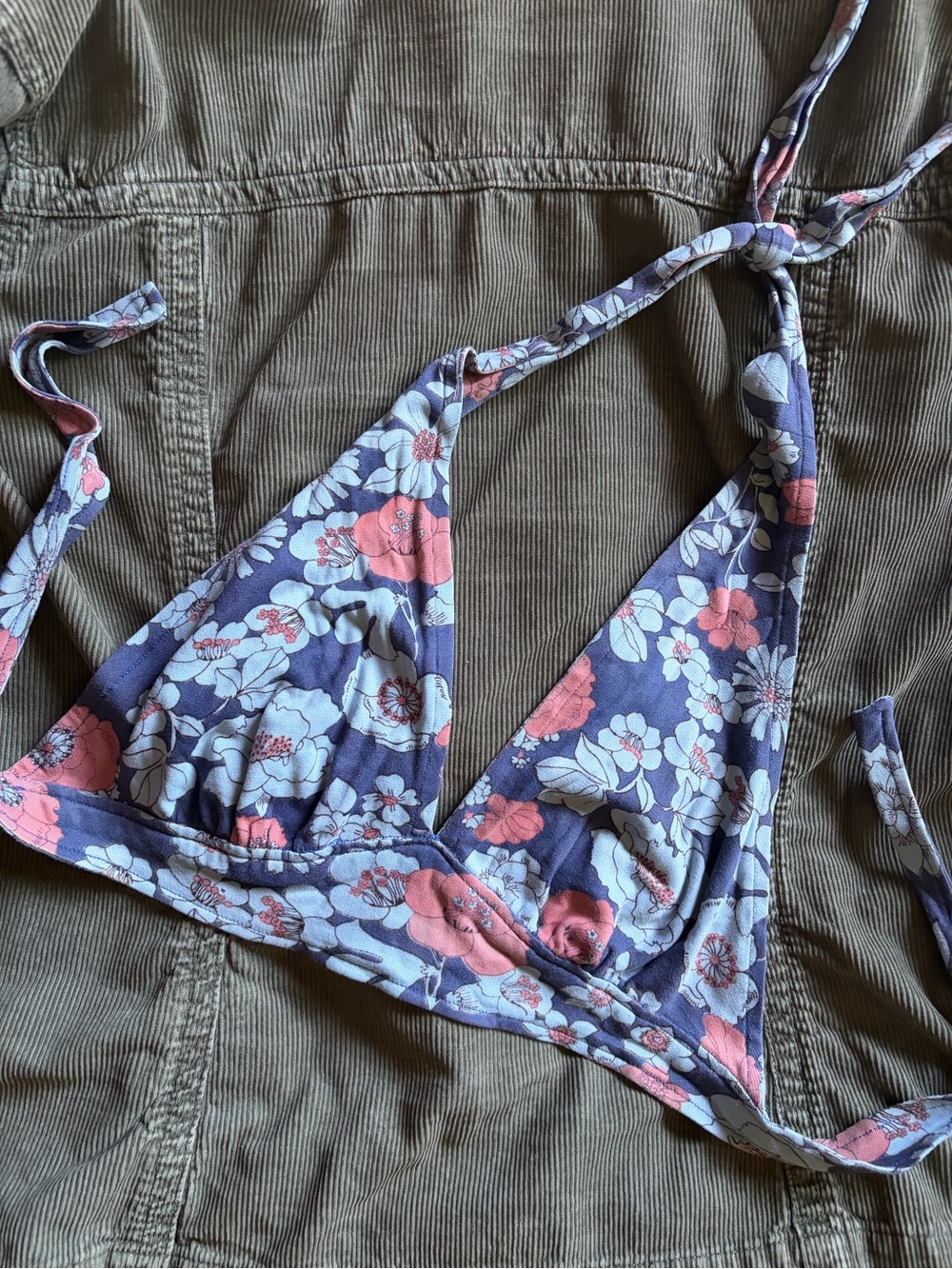 Floral Triangle Bikini Top - Blue & Coral